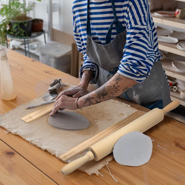 Alt view image 3 of 7 - 12 Pcs Pottery Tools Wood Rolling Pin Special Linen (Tablecloth) | 1 Pottery Hessian Cotton Linen Tableclothand 10 Pcs 5 Size Pottery Teaching Rolling Mud Stick Guide, Natural Wood