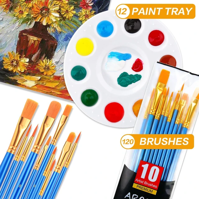 Alt view image 2 of 7 - Paint Brush Palette Set, 12 Packs of 120 Brushes and 12 Tray Palettes | Nylon Brush Head, Suitable for Oil Watercolor, etc., Perfect Art Painting Set