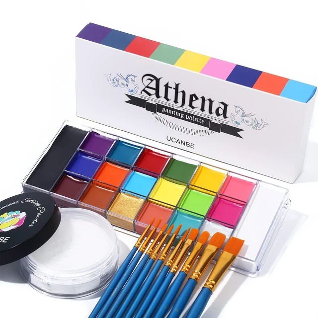 Main image of Athena Face Body Paint Oil Palette + Translucent Setting Powder + 10PCS Brushes Set, Professional Non Toxic Face Painting Pallet Kit for Halloween SFX Cosplay Clown Makeup for Women Adults