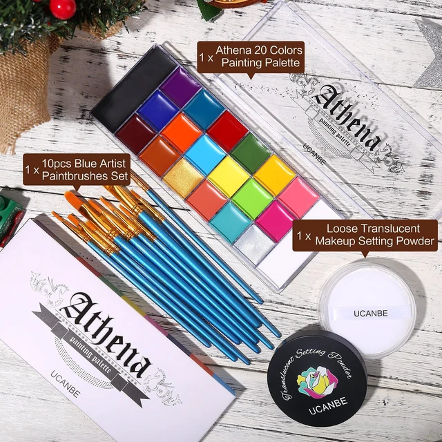 Alt view image 2 of 7 - Athena Face Body Paint Oil Palette + Translucent Setting Powder + 10PCS Brushes Set, Professional Non Toxic Face Painting Pallet Kit for Halloween SFX Cosplay Clown Makeup for Women Adults
