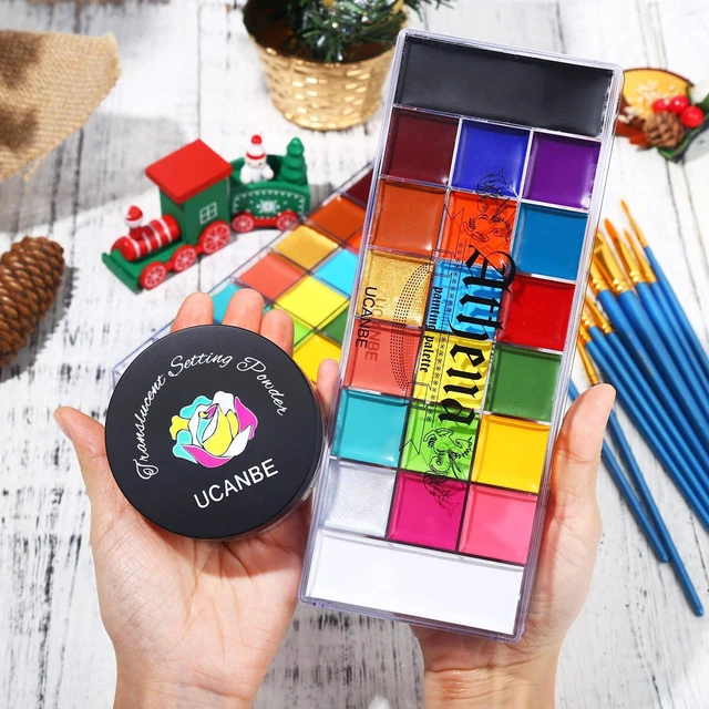 Alt view image 6 of 7 - Athena Face Body Paint Oil Palette + Translucent Setting Powder + 10PCS Brushes Set, Professional Non Toxic Face Painting Pallet Kit for Halloween SFX Cosplay Clown Makeup for Women Adults