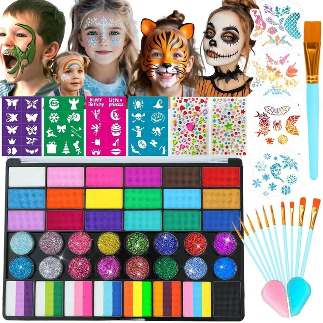 Main image of Face Painting Kit for Kids, 42 Colors Professional Face Paint Makeup Kit Non-Toxic Water Activated Facepaint Palette with Brush, Stencil, Sponge, Gem, for Party Halloween Christmas (42 Colors)