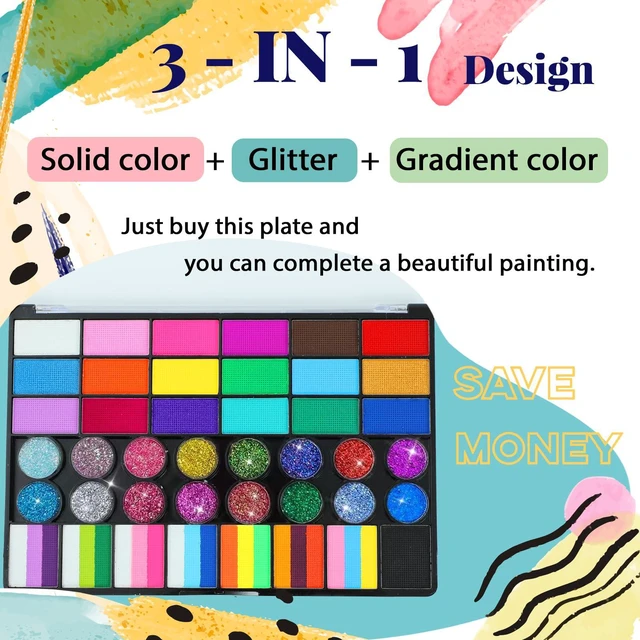 Alt view image 2 of 7 - Face Painting Kit for Kids, 42 Colors Professional Face Paint Makeup Kit Non-Toxic Water Activated Facepaint Palette with Brush, Stencil, Sponge, Gem, for Party Halloween Christmas (42 Colors)