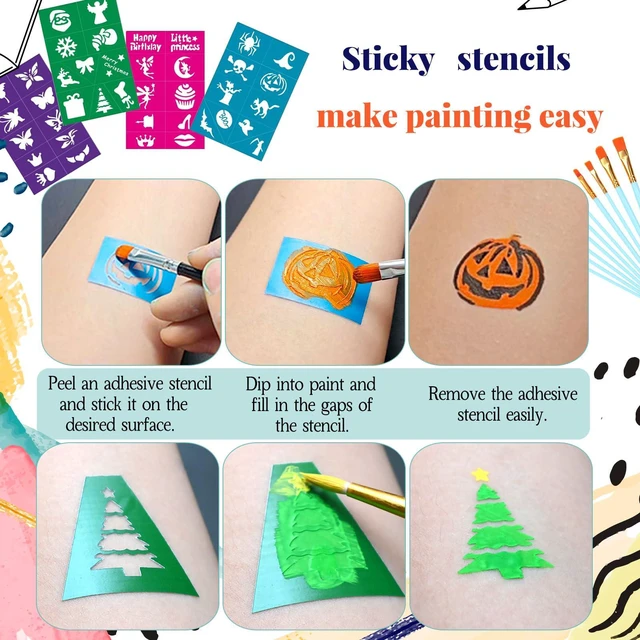 Alt view image 7 of 7 - Face Painting Kit for Kids, 42 Colors Professional Face Paint Makeup Kit Non-Toxic Water Activated Facepaint Palette with Brush, Stencil, Sponge, Gem, for Party Halloween Christmas (42 Colors)