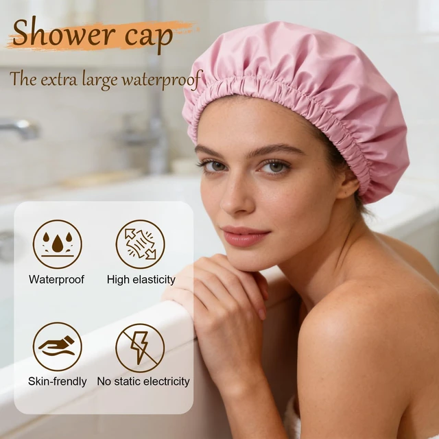 Alt view image 2 of 7 - Shower Cap for Women, Reusable Waterproof Satin Lined Shower Cap | Large Shower Cap for Women, Satin Lined Bath Caps with Soft Elastic Band, Washable Reusable Waterproof Shower Bonnet