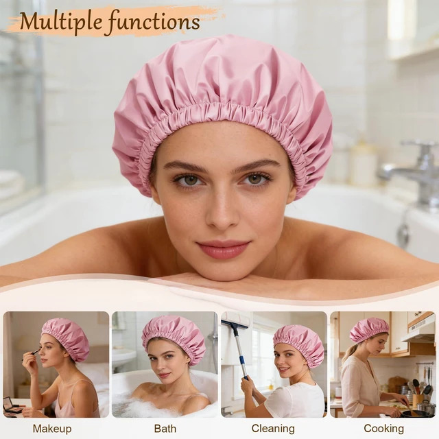 Alt view image 4 of 7 - Shower Cap for Women, Reusable Waterproof Satin Lined Shower Cap | Large Shower Cap for Women, Satin Lined Bath Caps with Soft Elastic Band, Washable Reusable Waterproof Shower Bonnet