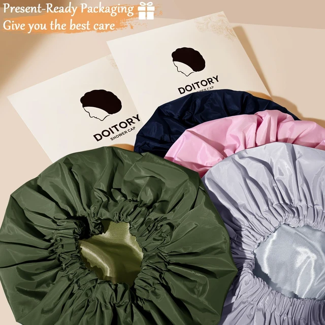 Alt view image 7 of 7 - Shower Cap for Women, Reusable Waterproof Satin Lined Shower Cap | Large Shower Cap for Women, Satin Lined Bath Caps with Soft Elastic Band, Washable Reusable Waterproof Shower Bonnet