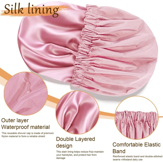 Alt view image 3 of 7 - Shower Cap for Women, Reusable Waterproof Satin Lined Shower Cap | Large Shower Cap for Women, Satin Lined Bath Caps with Soft Elastic Band, Washable Reusable Waterproof Shower Bonnet