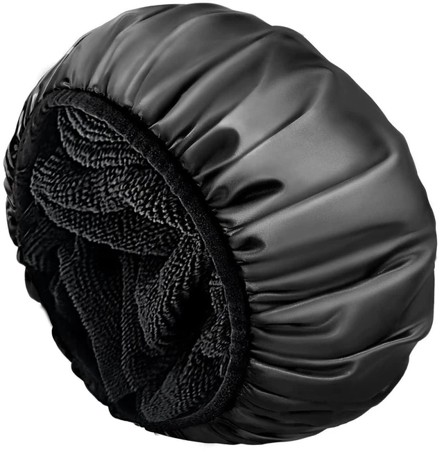 Main image of Shower Cap,Terry Lined Shower Cap for Women Reusable, Triple Layer Waterproof Bath Cap, Extra Large for Women Long Hair(Black)