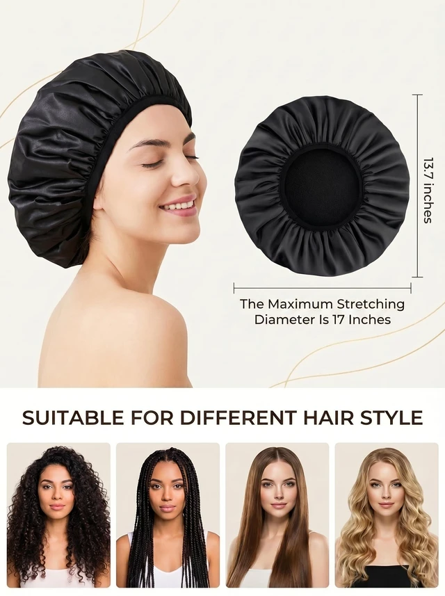 Alt view image 2 of 7 - Shower Cap,Terry Lined Shower Cap for Women Reusable, Triple Layer Waterproof Bath Cap, Extra Large for Women Long Hair(Black)
