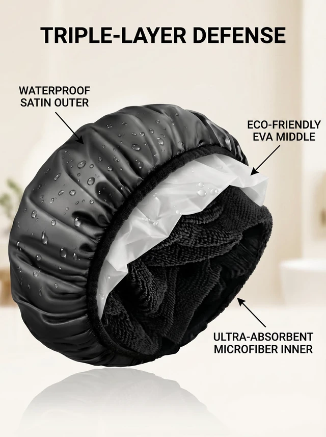 Alt view image 3 of 7 - Shower Cap,Terry Lined Shower Cap for Women Reusable, Triple Layer Waterproof Bath Cap, Extra Large for Women Long Hair(Black)