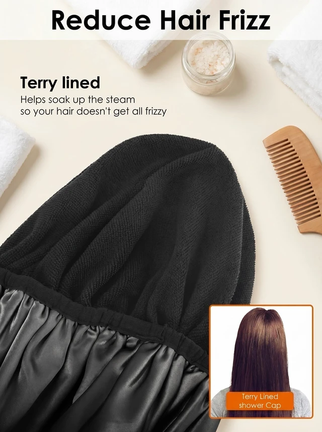 Alt view image 4 of 7 - Shower Cap,Terry Lined Shower Cap for Women Reusable, Triple Layer Waterproof Bath Cap, Extra Large for Women Long Hair(Black)