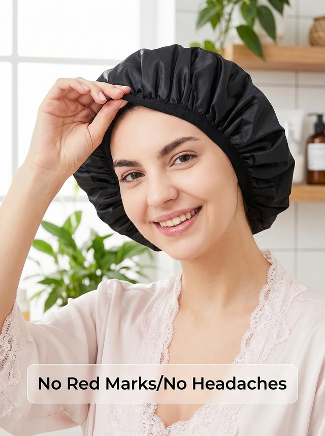 Alt view image 5 of 7 - Shower Cap,Terry Lined Shower Cap for Women Reusable, Triple Layer Waterproof Bath Cap, Extra Large for Women Long Hair(Black)