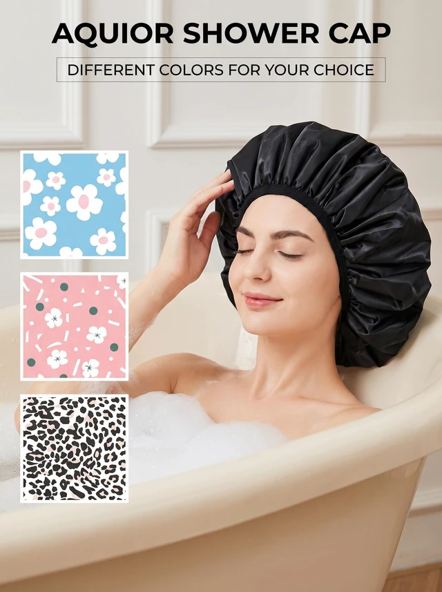 Alt view image 6 of 7 - Shower Cap,Terry Lined Shower Cap for Women Reusable, Triple Layer Waterproof Bath Cap, Extra Large for Women Long Hair(Black)