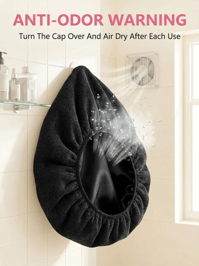 Alt view image 7 of 7 - Shower Cap,Terry Lined Shower Cap for Women Reusable, Triple Layer Waterproof Bath Cap, Extra Large for Women Long Hair(Black)
