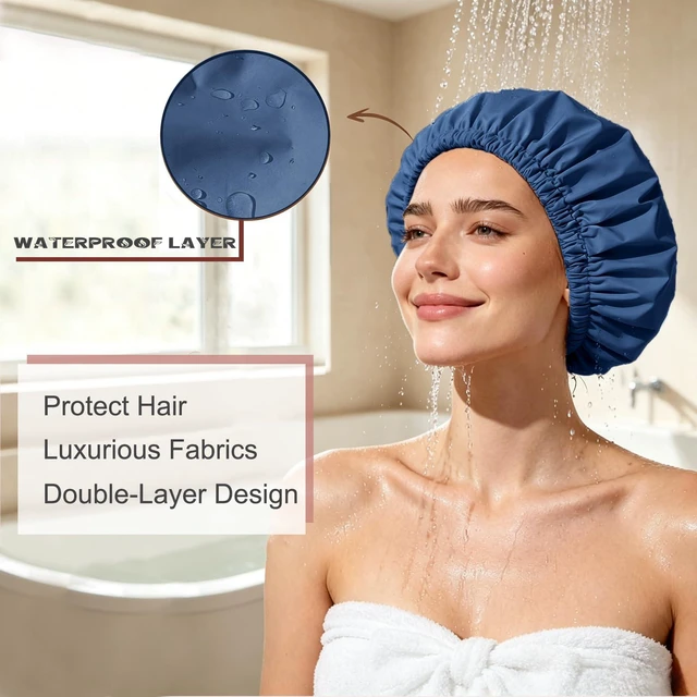Alt view image 3 of 6 - Shower Cap,100% Real Satin Lined Shower Caps,Extra Large Shower Cap for Women Reusable Waterproof,Adjustable Size&Long Hair Bath Caps