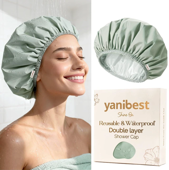 Main image of Shower Cap Reusable Waterproof, Double Layer Shower Caps for Women | Washable Shower Bonnet with Soft Non-Slip Elastic Band, Bath Hair Hat for Most Hair Types