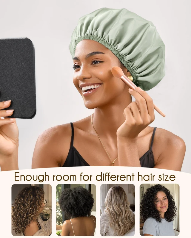 Alt view image 2 of 7 - Shower Cap Reusable Waterproof, Double Layer Shower Caps for Women | Washable Shower Bonnet with Soft Non-Slip Elastic Band, Bath Hair Hat for Most Hair Types