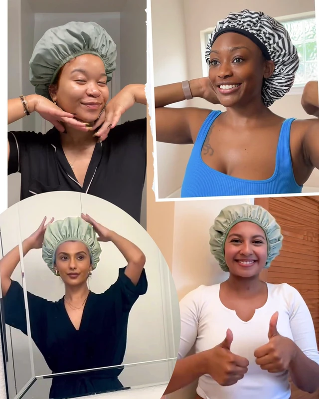 Alt view image 6 of 7 - Shower Cap Reusable Waterproof, Double Layer Shower Caps for Women | Washable Shower Bonnet with Soft Non-Slip Elastic Band, Bath Hair Hat for Most Hair Types