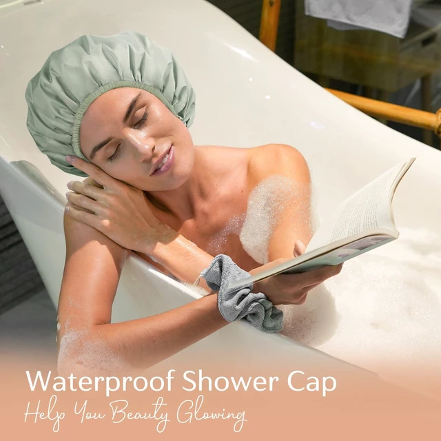 Alt view image 7 of 7 - Shower Cap Reusable Waterproof, Double Layer Shower Caps for Women | Washable Shower Bonnet with Soft Non-Slip Elastic Band, Bath Hair Hat for Most Hair Types