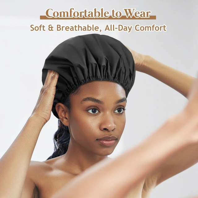 Alt view image 6 of 7 - Adjustable Shower Cap with Terry Cloth Lining, Dual Waterproof Shower Cap Reusable for Women Men Large Hair Cap for Shower Double Layer Soft Bath Cap for Braids, Long Hair, Locs, Dreadlocks