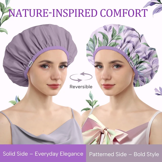 Alt view image 5 of 7 - Shower Caps for Women Reusable Waterproof Double Layer Elastic Cap with Tropical Botanical Print Shower Cap for Shower, Spa, Travel, Bath & Daily Hair Protection