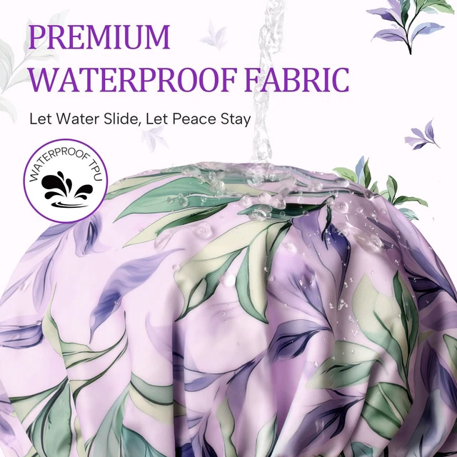 Alt view image 4 of 7 - Shower Caps for Women Reusable Waterproof Double Layer Elastic Cap with Tropical Botanical Print Shower Cap for Shower, Spa, Travel, Bath & Daily Hair Protection
