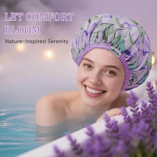 Alt view image 6 of 7 - Shower Caps for Women Reusable Waterproof Double Layer Elastic Cap with Tropical Botanical Print Shower Cap for Shower, Spa, Travel, Bath & Daily Hair Protection