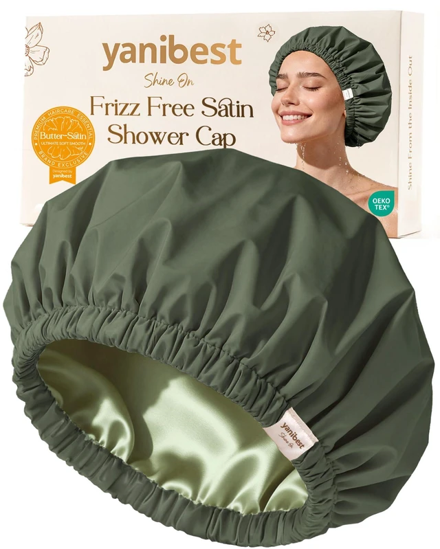 Main image of Satin Lined Shower Cap, Shower Caps for Women Reusable Waterproof | Frizz Free & Large Durable Bath Cap with Soft Elastic Band, Luxury Hair Protection Caps, Nylon Shower Hair Cap