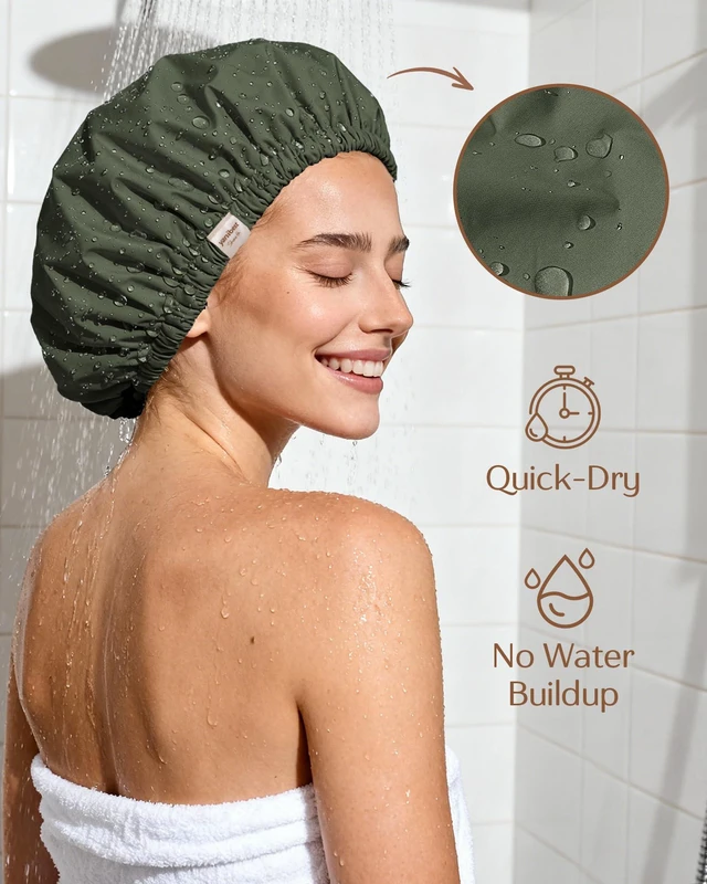 Alt view image 2 of 7 - Satin Lined Shower Cap, Shower Caps for Women Reusable Waterproof | Frizz Free & Large Durable Bath Cap with Soft Elastic Band, Luxury Hair Protection Caps, Nylon Shower Hair Cap