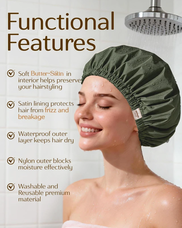 Alt view image 4 of 7 - Satin Lined Shower Cap, Shower Caps for Women Reusable Waterproof | Frizz Free & Large Durable Bath Cap with Soft Elastic Band, Luxury Hair Protection Caps, Nylon Shower Hair Cap