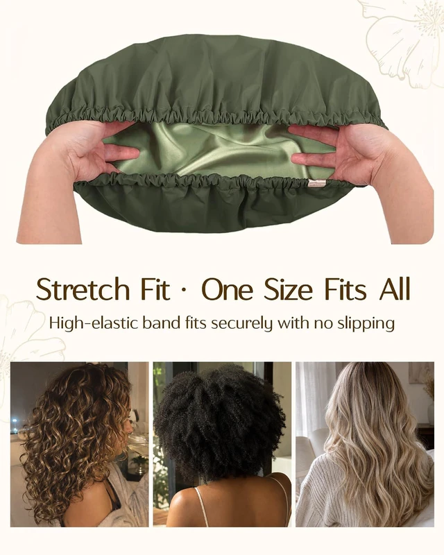 Alt view image 5 of 7 - Satin Lined Shower Cap, Shower Caps for Women Reusable Waterproof | Frizz Free & Large Durable Bath Cap with Soft Elastic Band, Luxury Hair Protection Caps, Nylon Shower Hair Cap