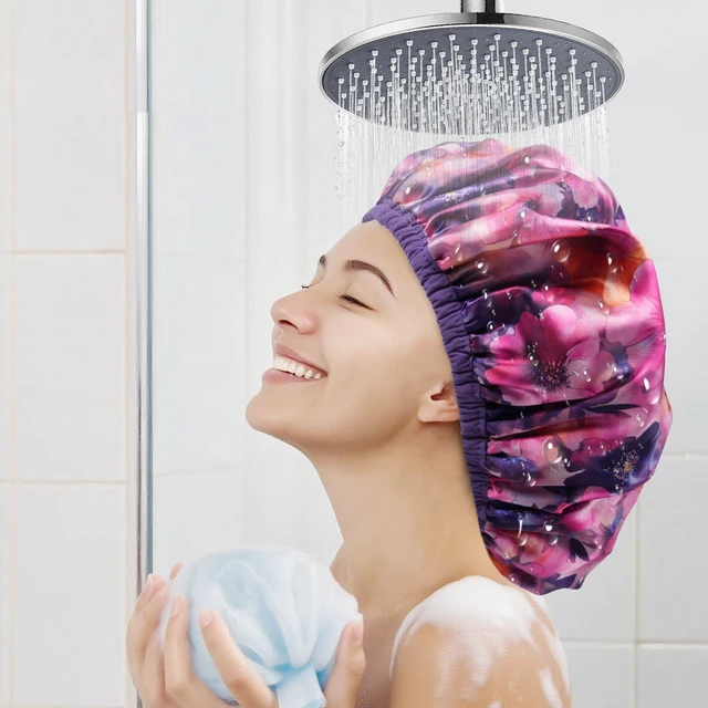 Alt view image 2 of 6 - Upgraded Terry Shower Cap for Women, Reusable Waterproof Two Layer Hair Cap | Soft Absorbent Towel Lining Bath Cap, Large Leak-Proof Bath Cap, Long Hair-Protecting, Fashionable Print Outer-Purple
