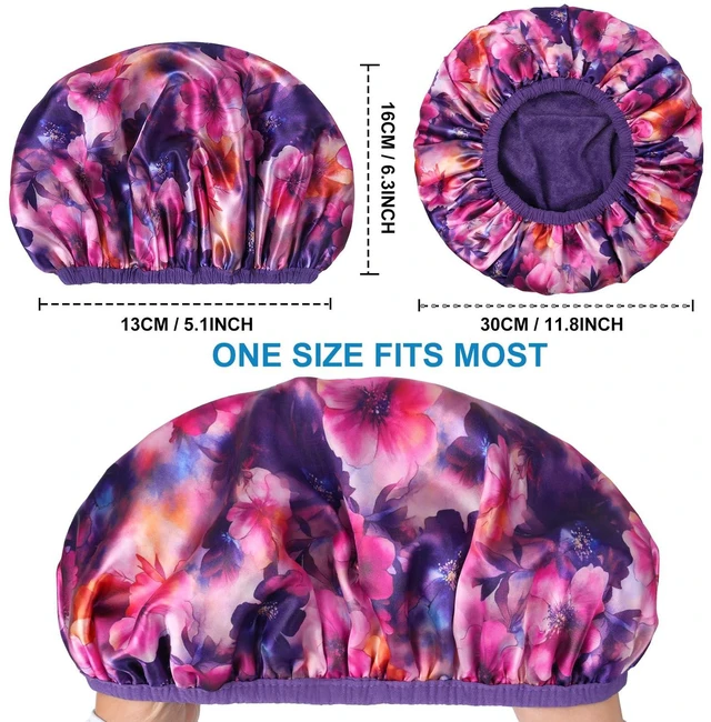 Alt view image 3 of 6 - Upgraded Terry Shower Cap for Women, Reusable Waterproof Two Layer Hair Cap | Soft Absorbent Towel Lining Bath Cap, Large Leak-Proof Bath Cap, Long Hair-Protecting, Fashionable Print Outer-Purple