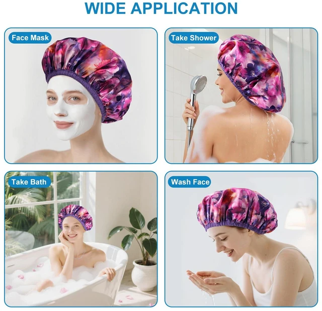 Alt view image 4 of 6 - Upgraded Terry Shower Cap for Women, Reusable Waterproof Two Layer Hair Cap | Soft Absorbent Towel Lining Bath Cap, Large Leak-Proof Bath Cap, Long Hair-Protecting, Fashionable Print Outer-Purple