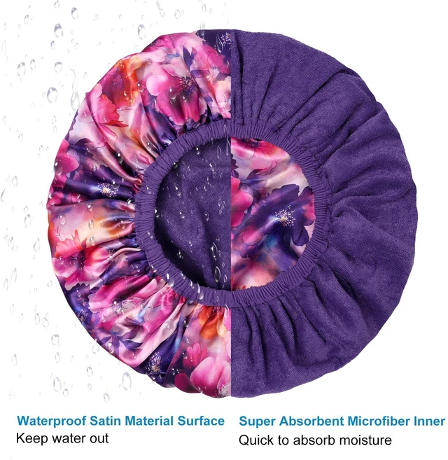 Alt view image 5 of 6 - Upgraded Terry Shower Cap for Women, Reusable Waterproof Two Layer Hair Cap | Soft Absorbent Towel Lining Bath Cap, Large Leak-Proof Bath Cap, Long Hair-Protecting, Fashionable Print Outer-Purple