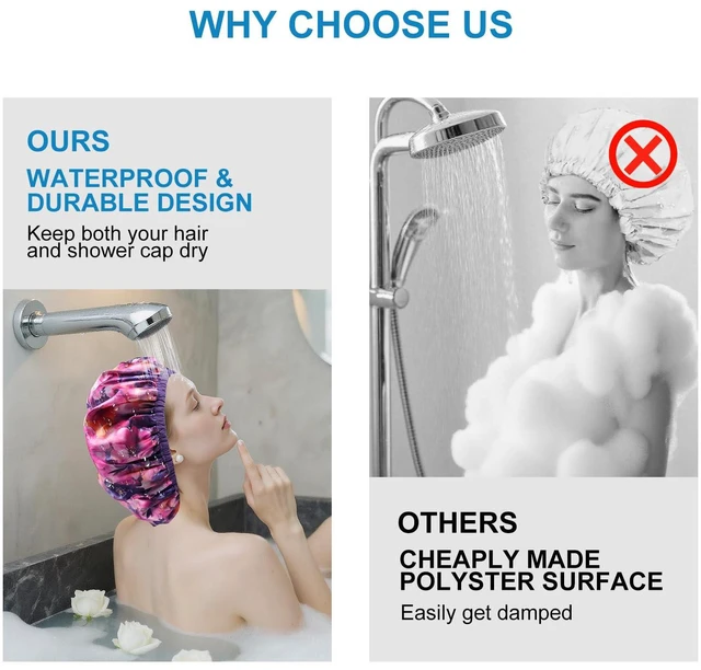 Alt view image 6 of 6 - Upgraded Terry Shower Cap for Women, Reusable Waterproof Two Layer Hair Cap | Soft Absorbent Towel Lining Bath Cap, Large Leak-Proof Bath Cap, Long Hair-Protecting, Fashionable Print Outer-Purple