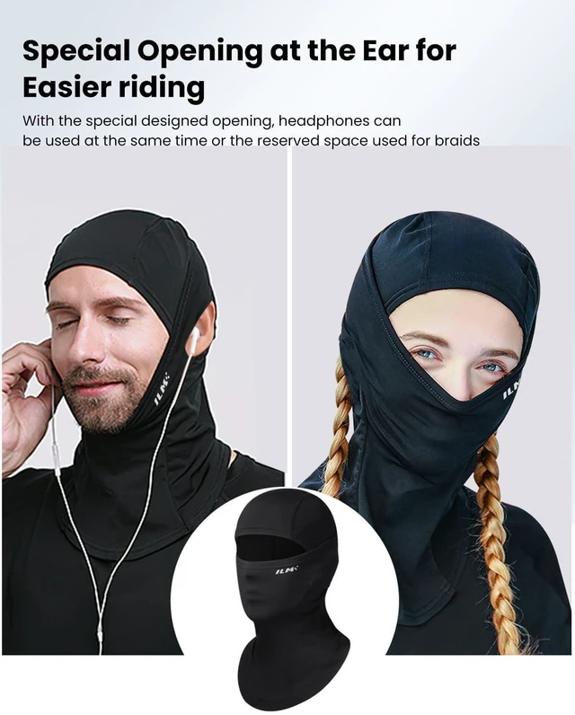 Alt view image 3 of 7 - Adult Motorcycle Balaclava Face Mask for Ski FM01A Men Women Black | Earbud/Braid Channels, Windproof, Stretch, Helmet-Compatible, Motorbike/Snowboard/Cycling