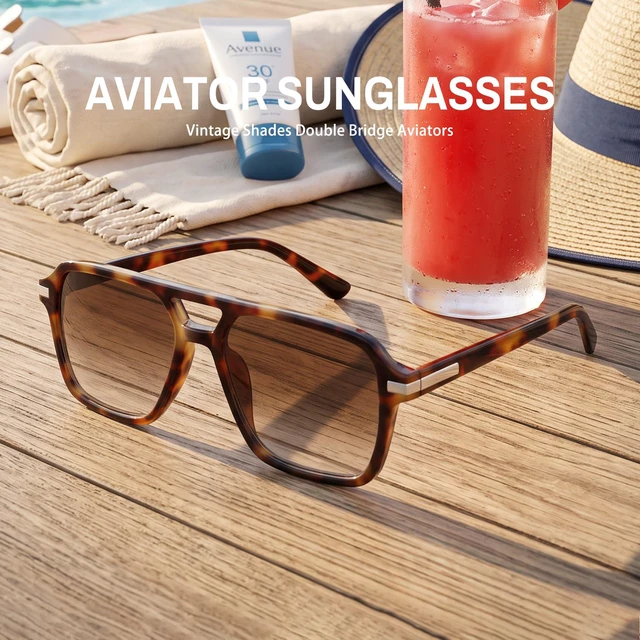 Alt view image 6 of 7 - Retro Aviator Sunglasses for Women Men Trendy Classic Square 70s 80s 90s Vintage Shades Double Bridge Aviators FZN813 Brown Tortoiseshell/Gradient Brown