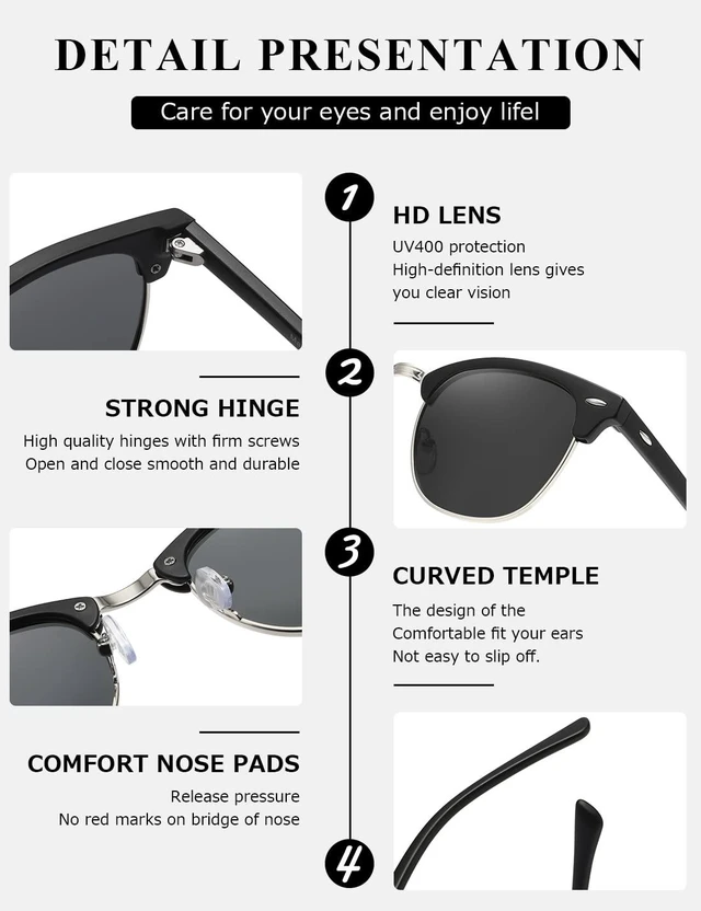 Alt view image 6 of 7 - Men's Polarized Sunglasses, Semi Rimless Retro UV400 Shades AE0369 | Classic Style, Polycarbonate Lenses, Lightweight Metal Frame, Driving, Travel
