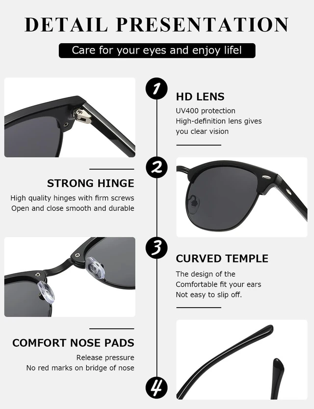 Alt view image 6 of 7 - Men's Polarized Sunglasses, Semi Rimless Retro UV400 Shades AE0369 | Classic Style, Polycarbonate Lenses, Lightweight Metal Frame, Driving, Travel