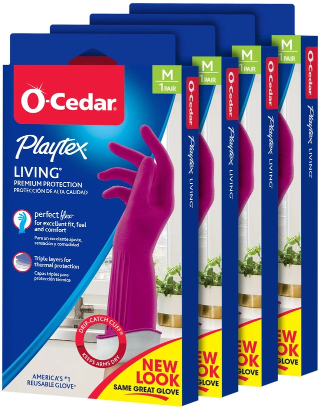 Main image of O-Cedar Gloves Living Reuseable Rubber Cleaning Gloves, Premium Protection, Size - Medium (1 Pair) - 4 Pack