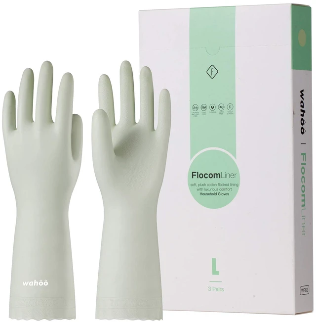 Main image of 3 Pair wahoo Cleaning Gloves,Cotton Flocked Liner,Canary Green,Medium | Skin-Friendly,Dish Washing,Reusable,Latex Free,DEHP-Free,Non-Slip,Dishwashing Household Kitchen Gloves