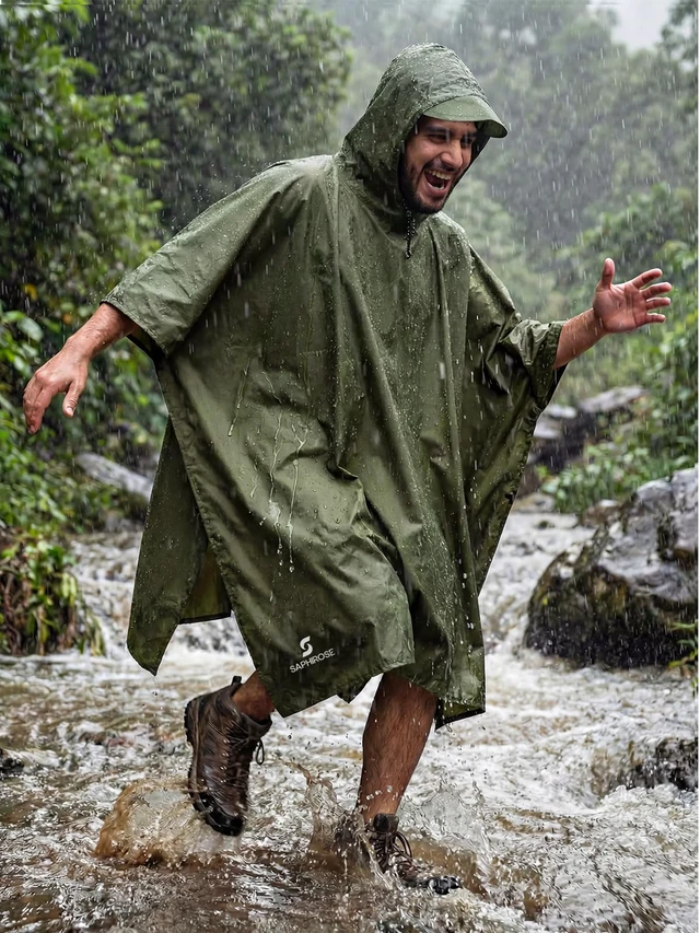 Alt view image 2 of 6 - Adult Rain Poncho Waterproof Hooded Raincoat Lightweight Packable | OEKO-TEX Certified 100% Polyester, PU 5000MM Waterproof, Heat-Sealed Seams, 8.5 oz Ultralight, Below-the-Knee Coverage