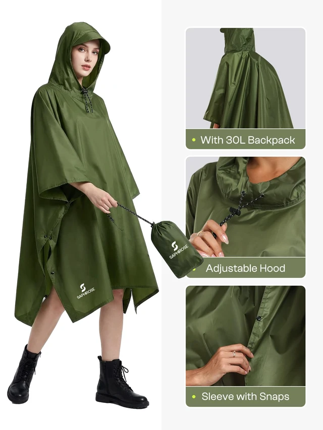 Alt view image 4 of 6 - Adult Rain Poncho Waterproof Hooded Raincoat Lightweight Packable | OEKO-TEX Certified 100% Polyester, PU 5000MM Waterproof, Heat-Sealed Seams, 8.5 oz Ultralight, Below-the-Knee Coverage