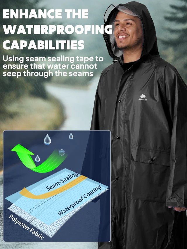 Alt view image 6 of 7 - Waterproof Raincoat Men Women Packable Hooded Reflective Pockets | Adjustable drawstrings & cuffs for windproof fitbreathable material, non-sticky comfort for all-day wear