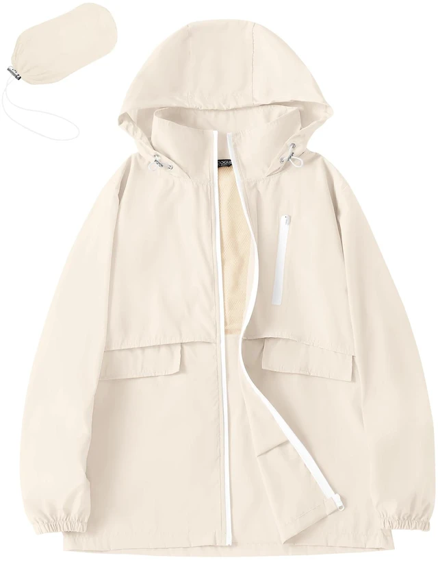 Main image of Rain Jacket Women with Hooded Waterproof Raincoats Beige, L | Breathable Lightweight Rainwear, Packable Windbreaker Jacket with Zipper Pockets, Spring Summer Fall Winter Rain Ponchos