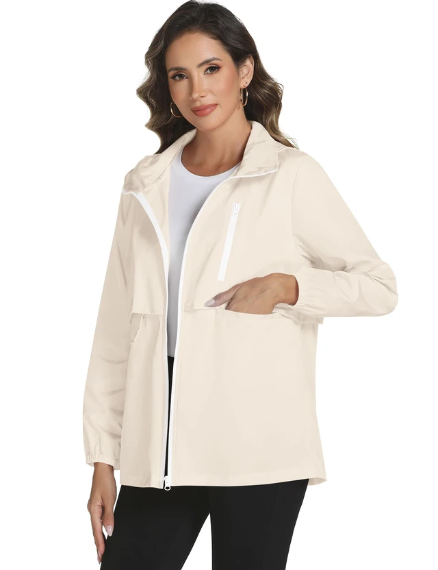 Alt view image 2 of 6 - Rain Jacket Women with Hooded Waterproof Raincoats Beige, L | Breathable Lightweight Rainwear, Packable Windbreaker Jacket with Zipper Pockets, Spring Summer Fall Winter Rain Ponchos