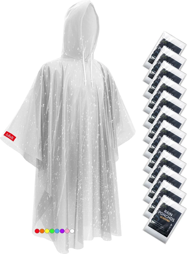 Main image of Disposable Rain Ponchos - Extra Long Waterproof Emergency Poncho with Hood for Adults, Bulk Family 12 Pack Raincoat for Park, Concerts, Hiking, Camping Essentials, Home Emergency Survival Kits, Clear