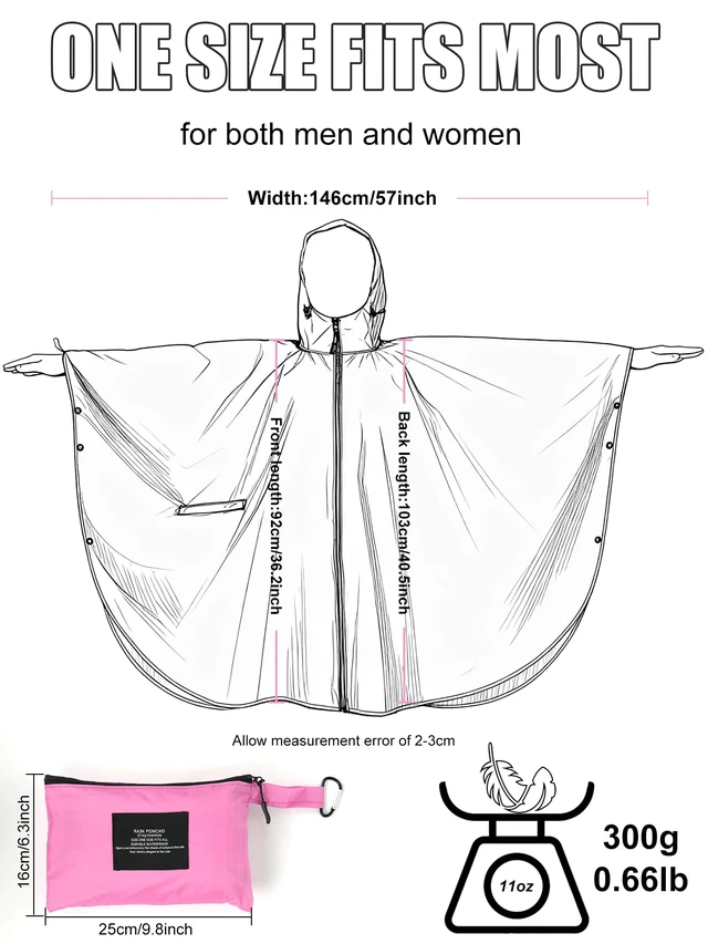 Alt view image 5 of 7 - Unisex Hooded Rain Poncho, Waterproof Raincoat Jacket with pocket for Adult, Rain Coat for Outdoor Activities (Pink)